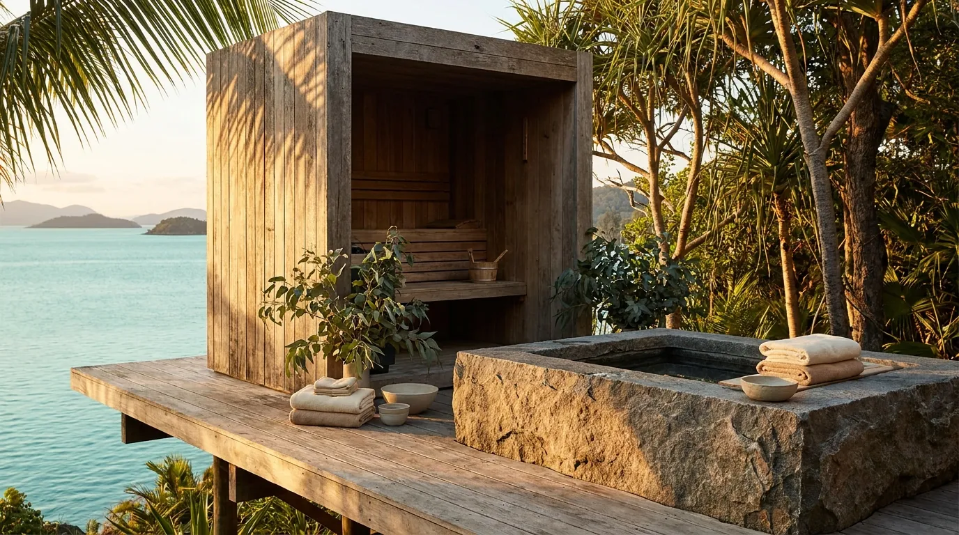 A timber sauna and stone cold plunge on a deck above the water